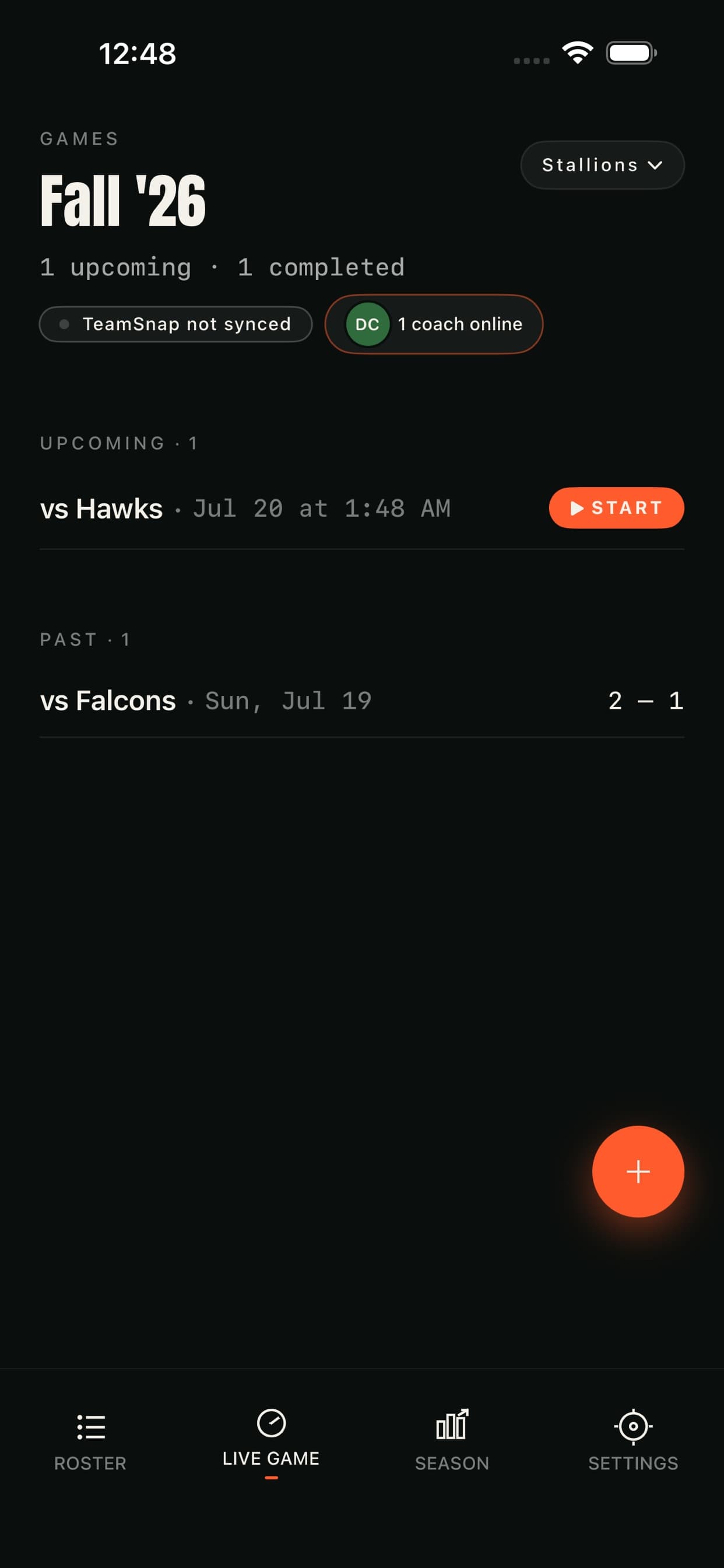The Live Game tab with the season, an upcoming game and a START button